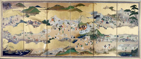 Scenes of urban life under the Bakufu, Tosa School, 1800 (from a six-fold screen)